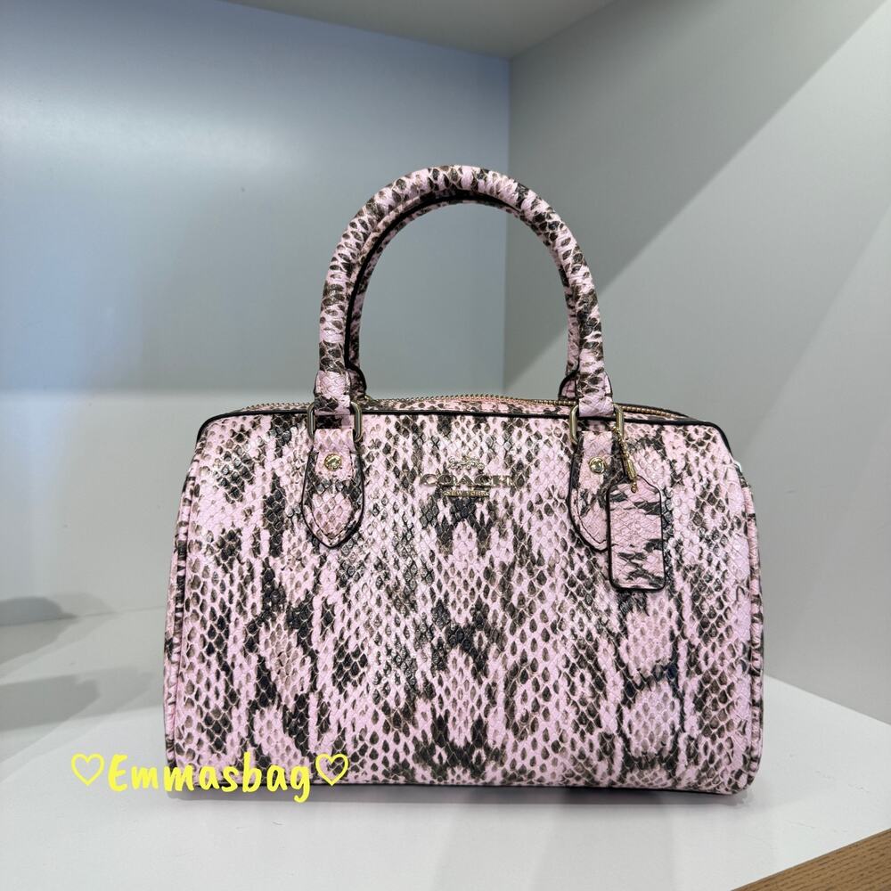 Coach Rowan Satchel Bag CDW49 snake embossed leather/Gold/Pink